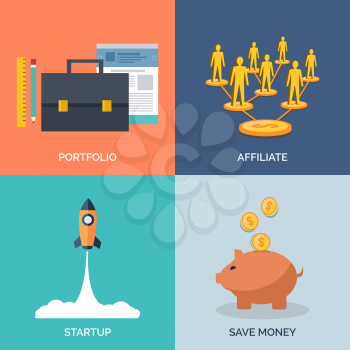 Set of flat design concept icons for business. Portfolio, Affiliate, Startup and Save Money. Vector Illustration.