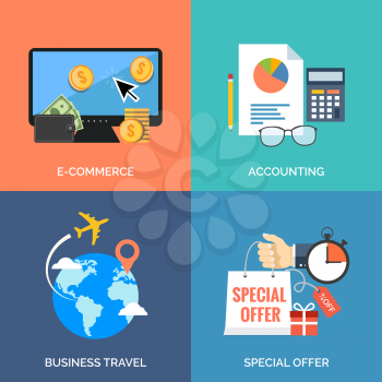Set of flat design concept icons for business. E-commerce, Accounting, Business travel and Special offer. Vector Illustration.
