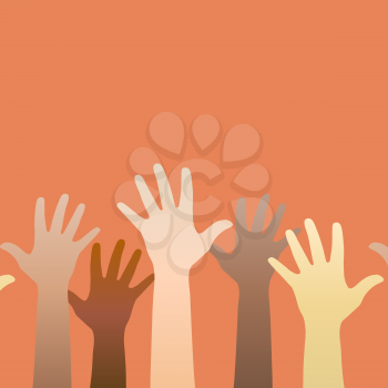 Hands raised up. Concept of volunteerism, multi-ethnicity, equality, racial and social issues. Vector illustration