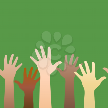 Hands raised up. Concept of volunteerism, multi-ethnicity, equality, racial and social issues. Horizontally seamless. Vector illustration