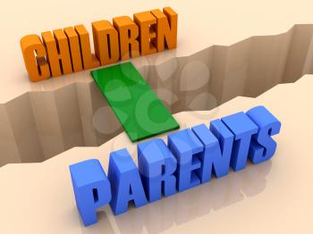 Two words CHILDREN and PARENTS united by bridge through separation crack. Concept 3D illustration.