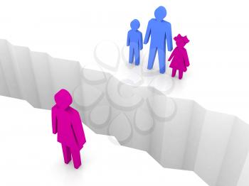 Woman and man with children split on sides, separation crack. Concept 3D illustration.