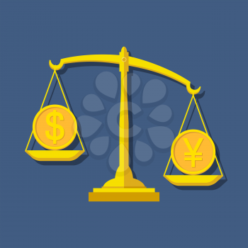 Scales with Dollar and Yen (Yuan) symbols. Foreign exchange forex concept. Vector illustration.