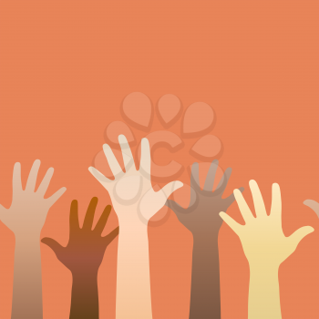 Hands raised up. Concept of volunteerism, multi-ethnicity, equality, racial and social issues. Horizontally seamless. Vector illustration