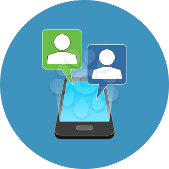 Smartphone chatting concept. Isometric design. Icon in blue circle on white background.