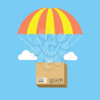 Package flying on parachute, delivery service concept. Flat design. Isolated on color background