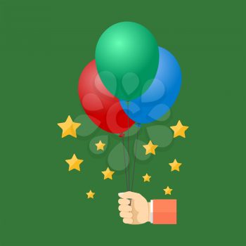 Hand holding colorful balloons. Flat design. Isolated on color background