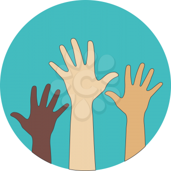 Circle flat icon. Hands raised up. Concept of volunteerism, multi-ethnicity, equality, racial and social issues.