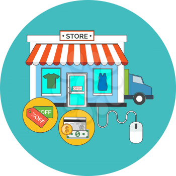 Web store, Online shop concept. Flat design. Icon in turquoise circle on white background