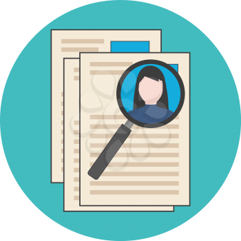 Searching professional staff, analyzing resume, recruitment concept. Flat design. Icon in turquoise circle on white background