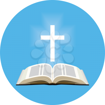 Bible and shining cross concept. Icon in blue circle on white background
