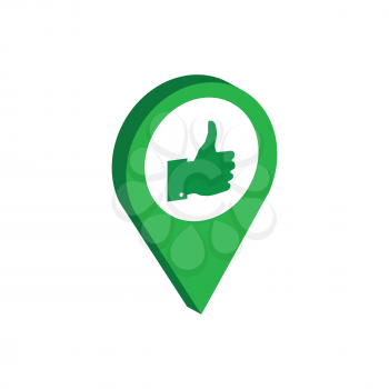 Map Pointer with Thumb Up symbol. Flat Isometric Icon or Logo. 3D Style Pictogram for Web Design, UI, Mobile App, Infographic. Vector Illustration on white background.