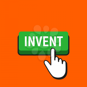 Hand Mouse Cursor Clicks the Invent Button. Pointer Push Press Button Concept.