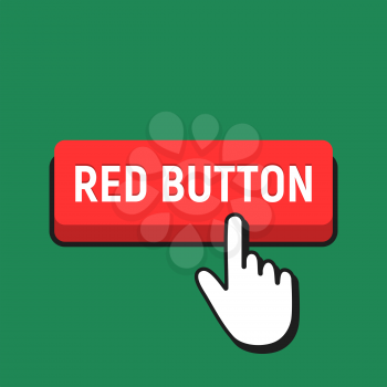 Hand Mouse Cursor Clicks the Red Button. Pointer Push Press Button Concept.