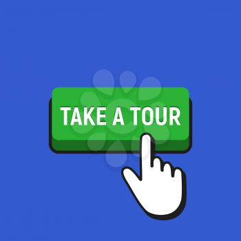 Hand Mouse Cursor Clicks the Take Tour Button. Pointer Push Press Button Concept.