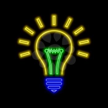 Lightbulb neon sign. Bright glowing symbol on a black background. Neon style icon. 