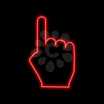 Hand with forefinger pointing up neon sign. Bright glowing symbol on a black background. Neon style icon. 