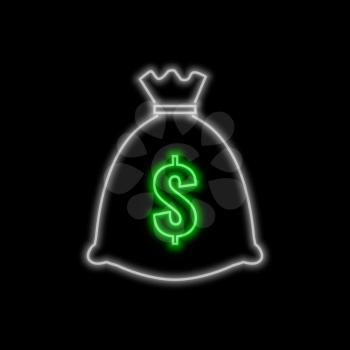 Money bag neon sign. Bright glowing symbol on a black background. Neon style icon. 