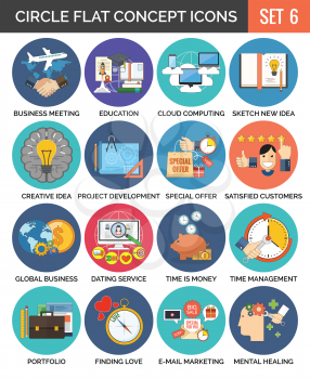 Circle Colorful Concept Icons. Flat Design. Set 6. Business, Finance, Education, Technology, Travel, Creativity, Love Symbols and Metaphors.