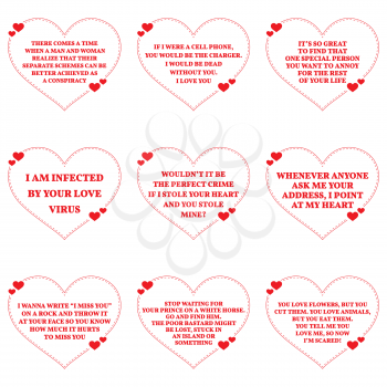 Set of funny love wishes quotes over white background. Simple heart shape design. Vector illustration