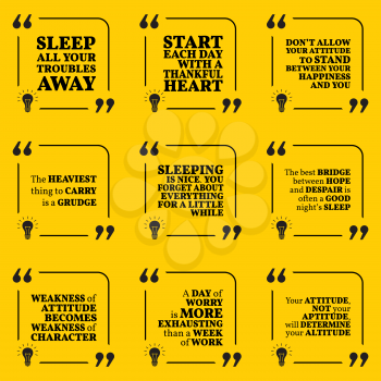 Set of motivational quotes about sleeping, heart, attitude, grudge, hope, worry and happiness. Simple note design typography poster. Vector illustration