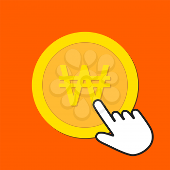 Korean won currency icon. Exchange, buying currency concept. Hand Mouse Cursor Clicks the Button. Pointer Push Press