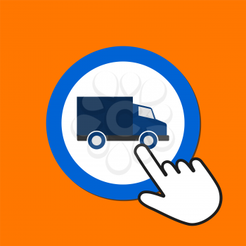 Commerce van icon. Delivery concept. Hand Mouse Cursor Clicks the Button. Pointer Push Press