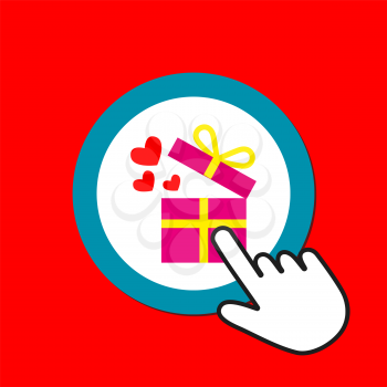 Gift box with flying hearts icon. Romantic gift concept. Hand Mouse Cursor Clicks the Button. Pointer Push Press