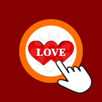 Two splitted hearts icon. Love concept. Hand Mouse Cursor Clicks the Button. Pointer Push Press