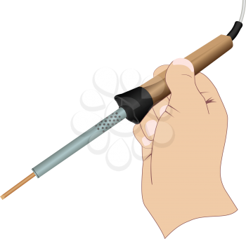 Illustration of hands with an electric soldering iron on a white background