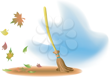 Illustration of a broom and falling leaves