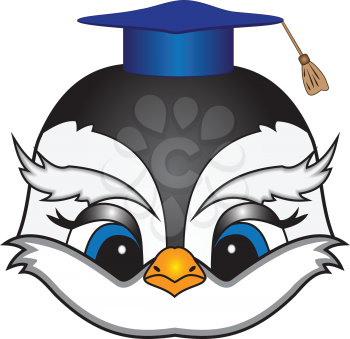 Vector cartoon bird's head in a square academic cap