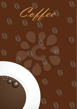 Illustration of a coffee background with a white cup of coffee and coffee grains