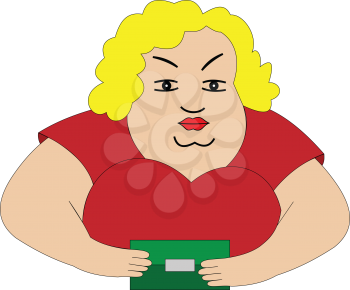 Illustration of fat woman in a red dress with purse