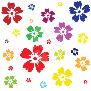 Illustration scattered multi-colored flowers on a white background