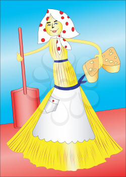 Illustration of an amusing broom with a sponge and a scoop