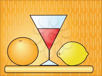 Glass with an orange and a lemon on a support