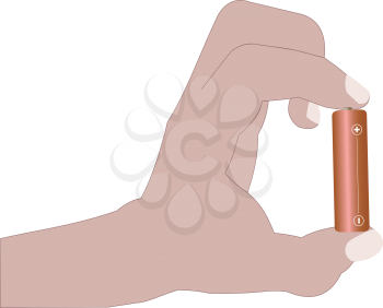 Illustration of a hand holding a battery on a white background