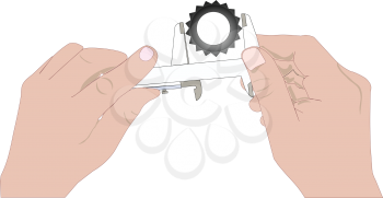 illustration of hands with a caliper, measuring gear