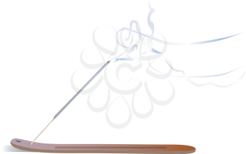 Incense stick on a wooden support, with a smoke, on a white background