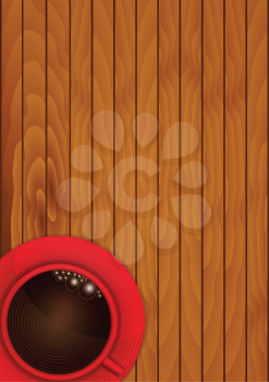 Illustration of a red coffee cup on wooden background