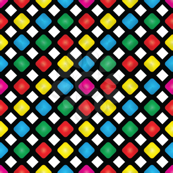 Illustration of seamless pattern of colored squares on a black background