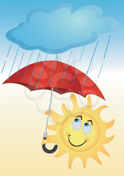 Illustration of the sun with a red umbrella under a rain