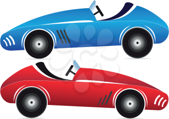 Illustration of two toy racing cars of different colors on a white background