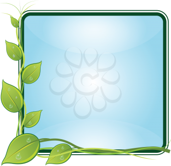 Illustration curly branches of plants with leaves and drops in a square frame