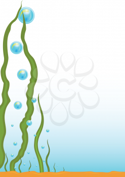 Illustration background seabed algae and bubbles and sand