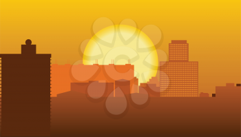 Illustration of the high-rise buildings of the city against the backdrop of the setting sun