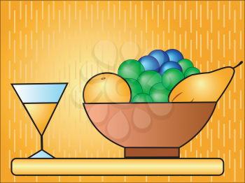 Vase with fruit and a glass with a drink