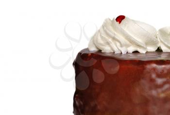 Chocolate cake closeup isolated on a white background