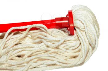 Mop of white ropes with a red handle isolated on white background